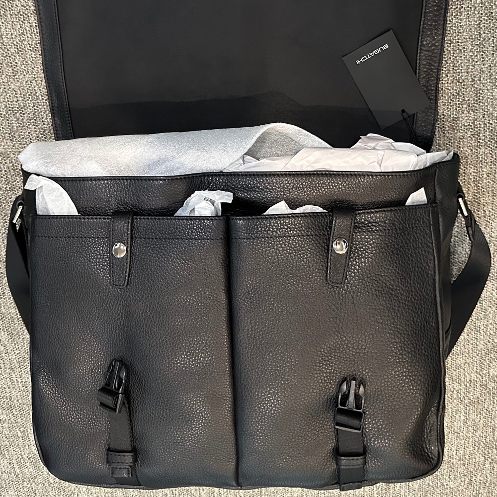 Bugatchi Black Pebbled Leather Messenger Bag Crossbody Laptop Bag NWT - Picture 10 of 14